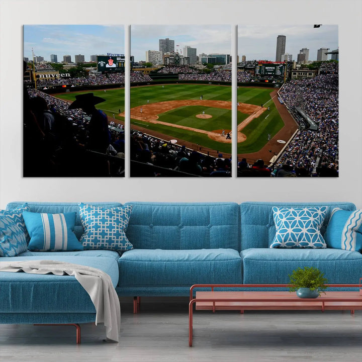 The "Chicago Cubs Baseball Team Print - Wrigley Field Stadium Wall Art Canvas Print," presented as a triptych, elegantly hangs on the wall.