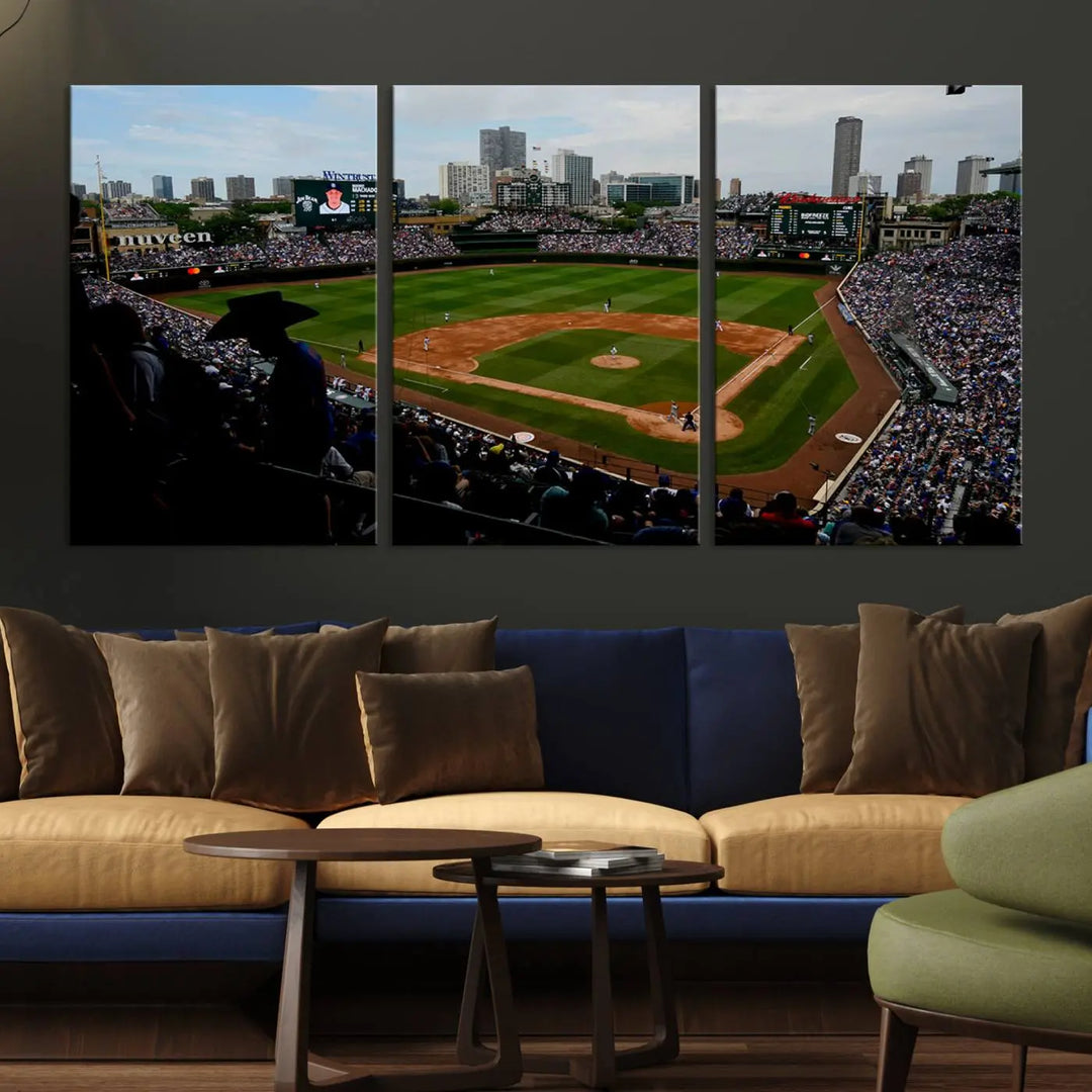 The "Chicago Cubs Baseball Team Print - Wrigley Field Stadium Wall Art Canvas Print," presented as a triptych, elegantly hangs on the wall.