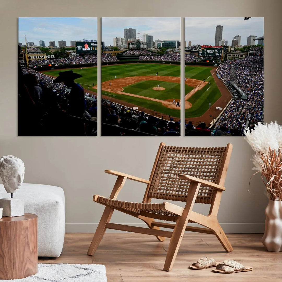 The "Chicago Cubs Baseball Team Print - Wrigley Field Stadium Wall Art Canvas Print," presented as a triptych, elegantly hangs on the wall.