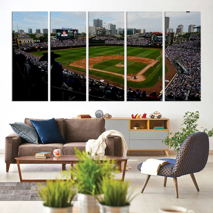 The "Chicago Cubs Baseball Team Print - Wrigley Field Stadium Wall Art Canvas Print," presented as a triptych, elegantly hangs on the wall.