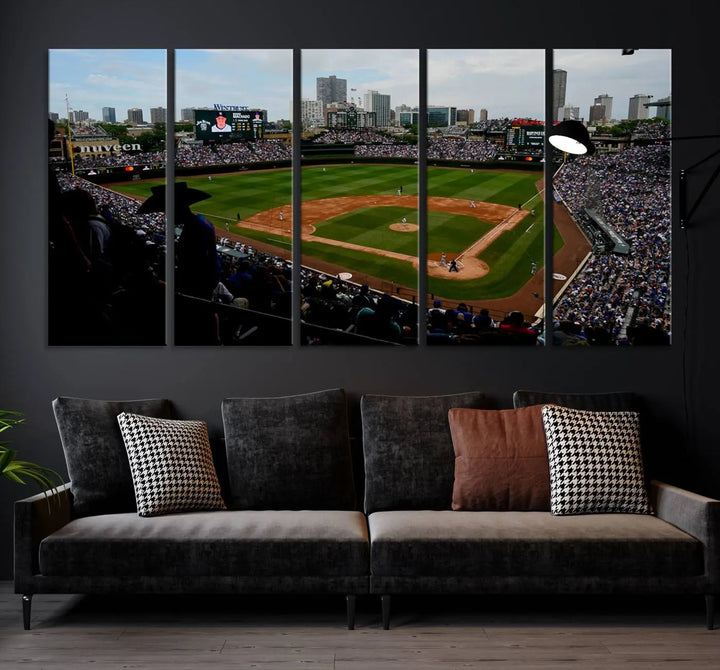 The "Chicago Cubs Baseball Team Print - Wrigley Field Stadium Wall Art Canvas Print," presented as a triptych, elegantly hangs on the wall.