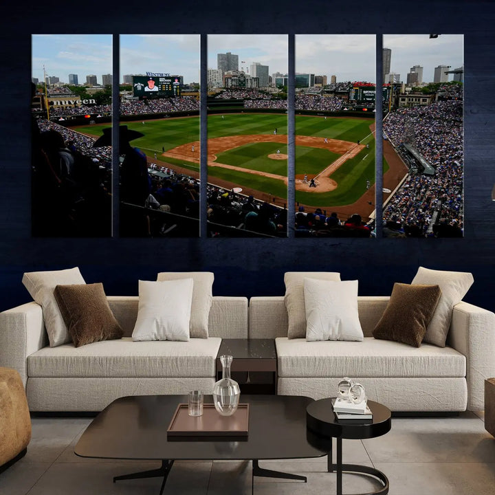 The "Chicago Cubs Baseball Team Print - Wrigley Field Stadium Wall Art Canvas Print," presented as a triptych, elegantly hangs on the wall.