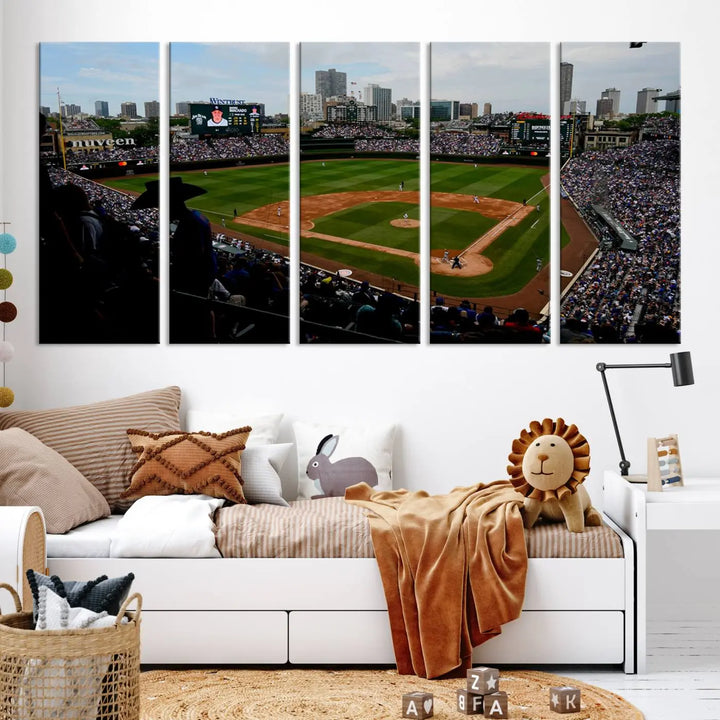 The "Chicago Cubs Baseball Team Print - Wrigley Field Stadium Wall Art Canvas Print," presented as a triptych, elegantly hangs on the wall.