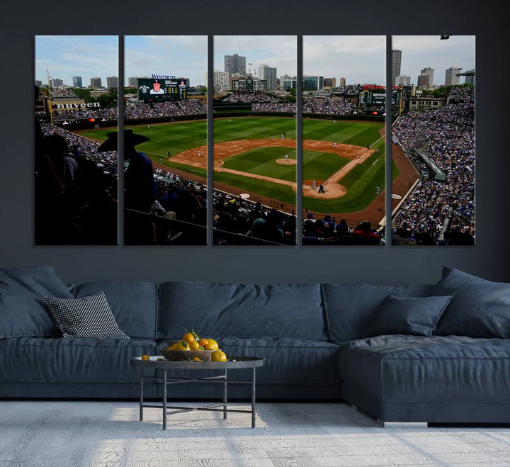 The "Chicago Cubs Baseball Team Print - Wrigley Field Stadium Wall Art Canvas Print," presented as a triptych, elegantly hangs on the wall.