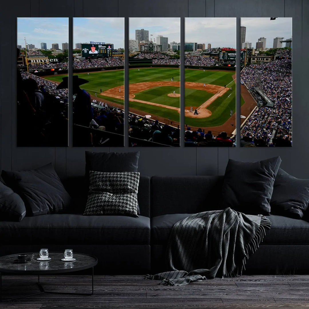 The "Chicago Cubs Baseball Team Print - Wrigley Field Stadium Wall Art Canvas Print," presented as a triptych, elegantly hangs on the wall.