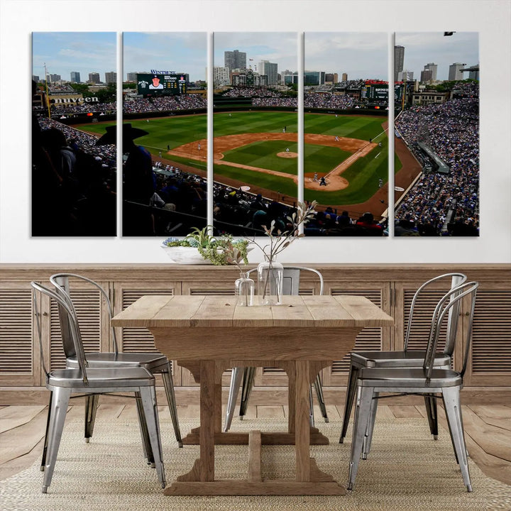 The "Chicago Cubs Baseball Team Print - Wrigley Field Stadium Wall Art Canvas Print," presented as a triptych, elegantly hangs on the wall.