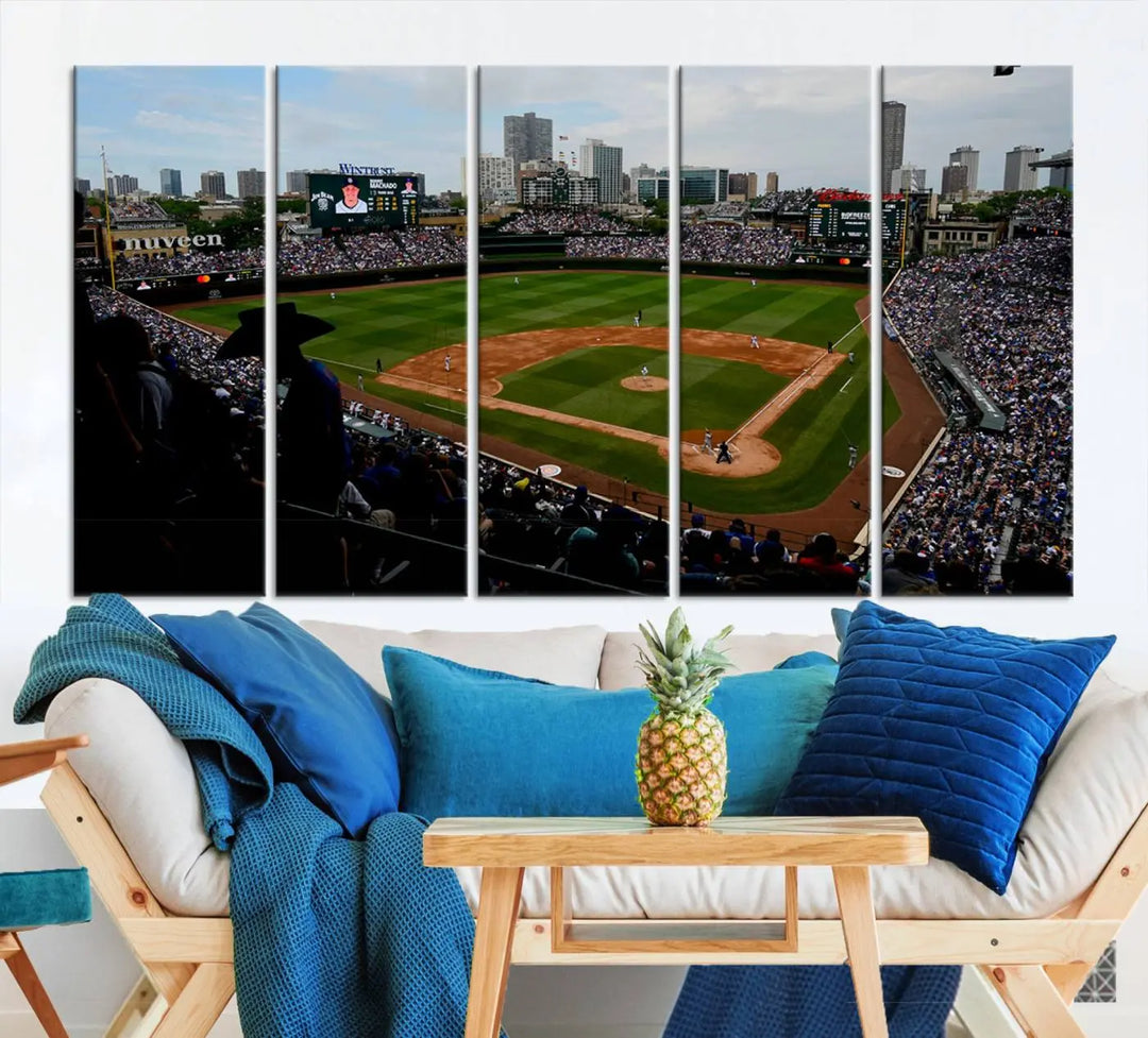 The "Chicago Cubs Baseball Team Print - Wrigley Field Stadium Wall Art Canvas Print," presented as a triptych, elegantly hangs on the wall.