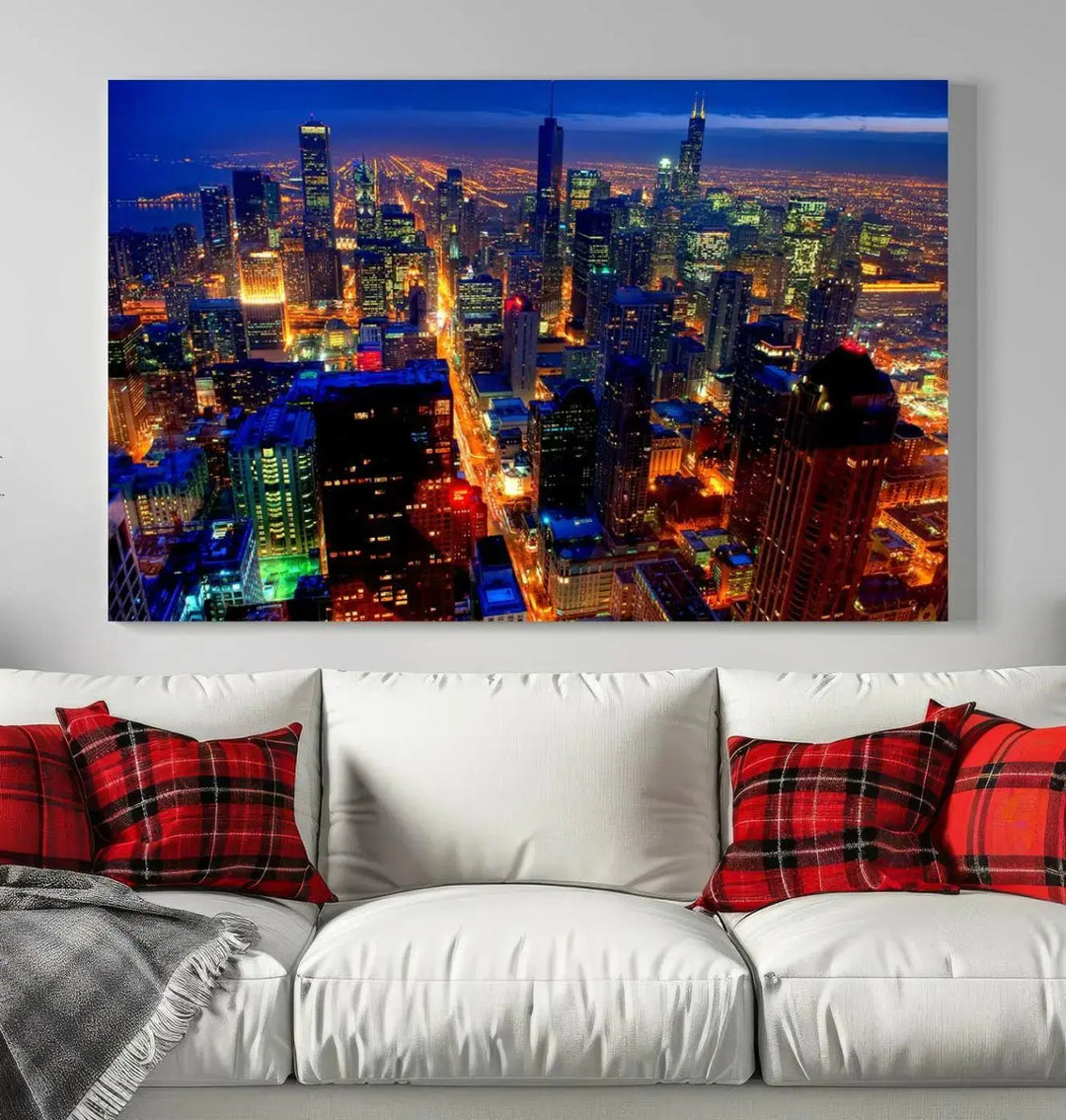 The "Chicago Night Skyline Wall Art" on museum-quality canvas adds long-lasting appeal to the living room.