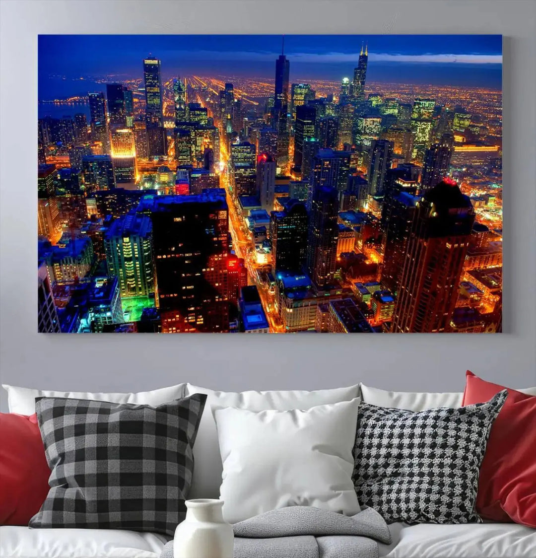 The "Chicago Night Skyline Wall Art" on museum-quality canvas adds long-lasting appeal to the living room.