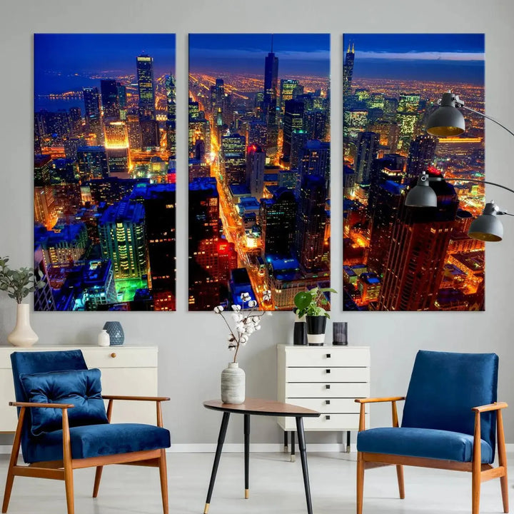 The "Chicago Night Skyline Wall Art" on museum-quality canvas adds long-lasting appeal to the living room.