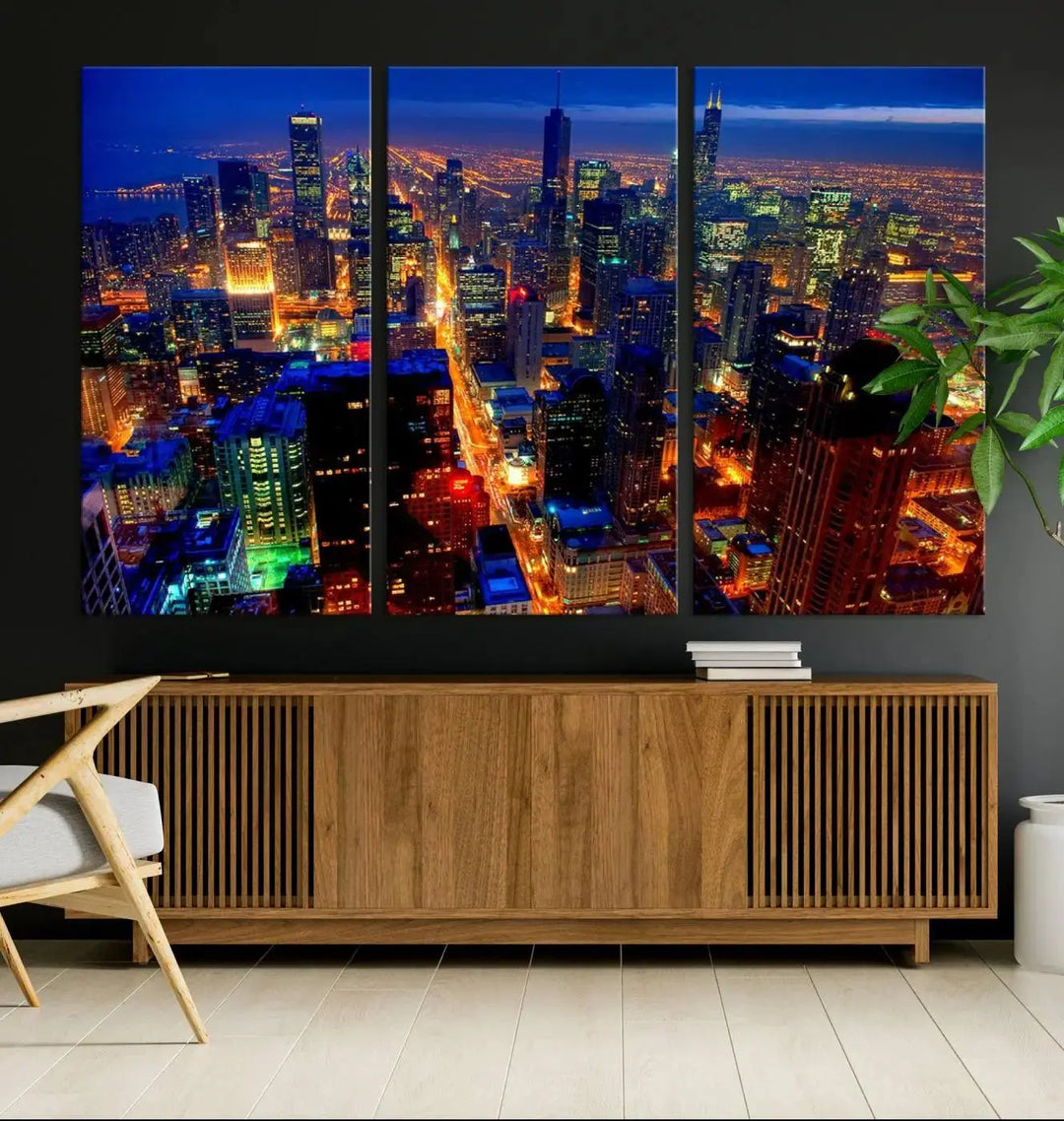 The "Chicago Night Skyline Wall Art" on museum-quality canvas adds long-lasting appeal to the living room.