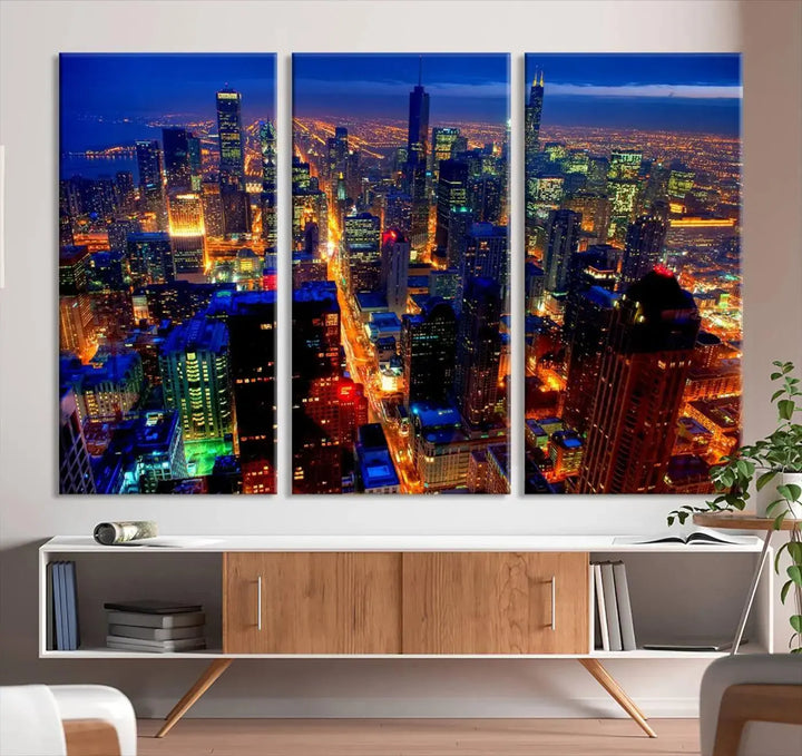 The "Chicago Night Skyline Wall Art" on museum-quality canvas adds long-lasting appeal to the living room.