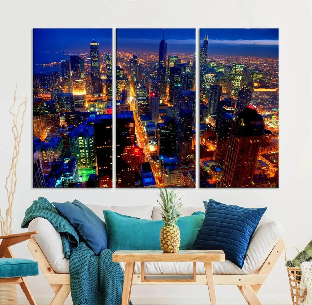 The "Chicago Night Skyline Wall Art" on museum-quality canvas adds long-lasting appeal to the living room.