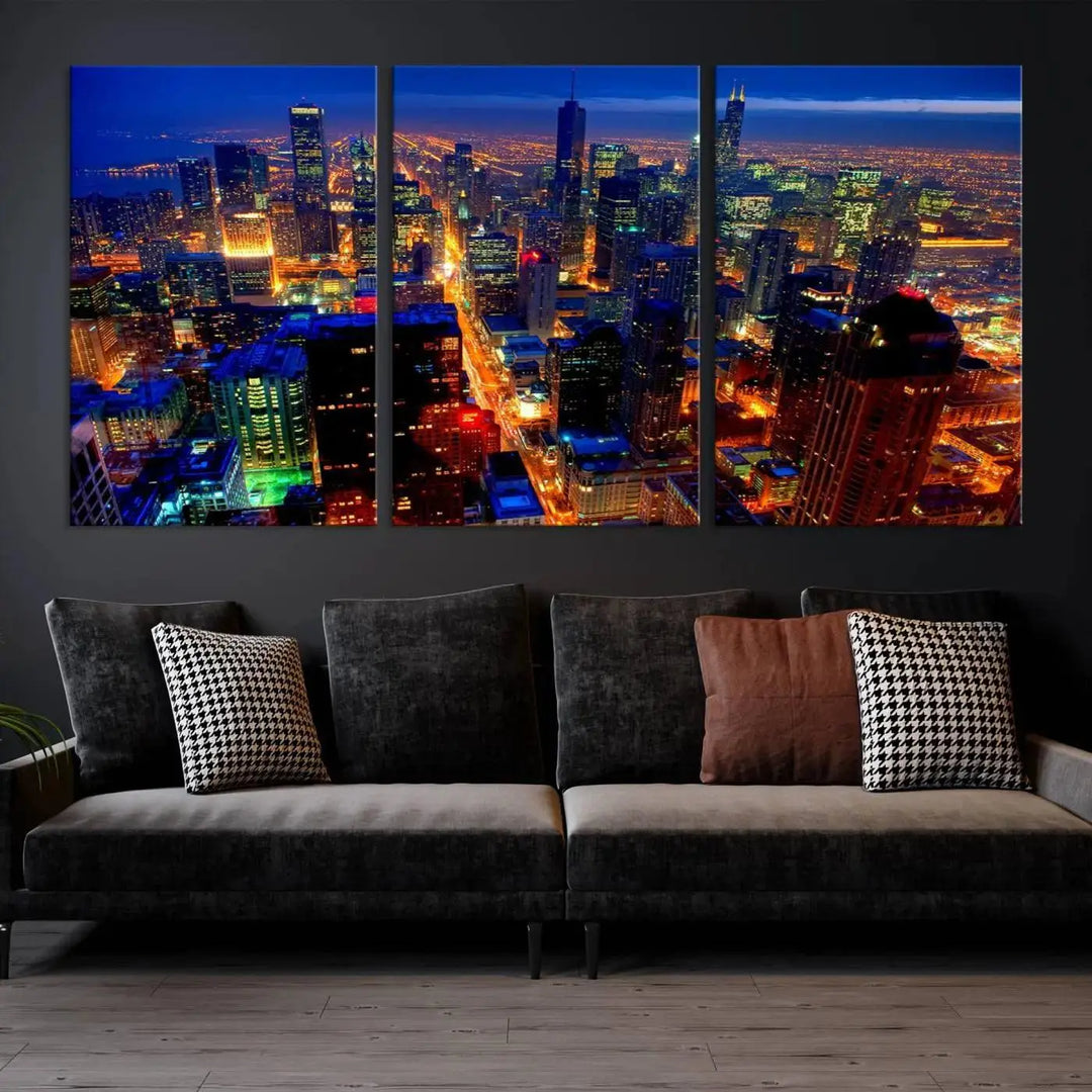 The "Chicago Night Skyline Wall Art" on museum-quality canvas adds long-lasting appeal to the living room.