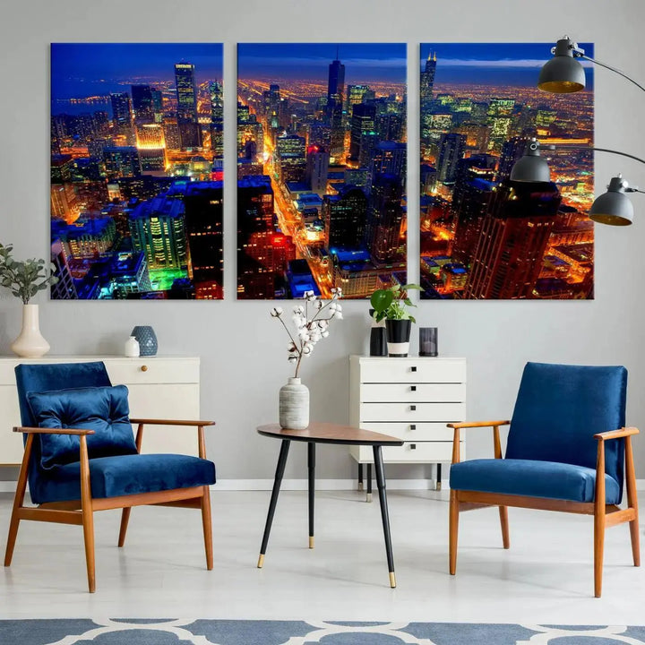 The "Chicago Night Skyline Wall Art" on museum-quality canvas adds long-lasting appeal to the living room.