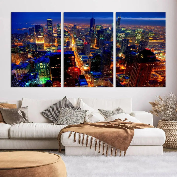 The "Chicago Night Skyline Wall Art" on museum-quality canvas adds long-lasting appeal to the living room.