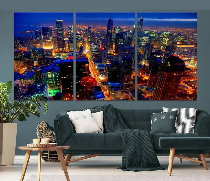 The "Chicago Night Skyline Wall Art" on museum-quality canvas adds long-lasting appeal to the living room.