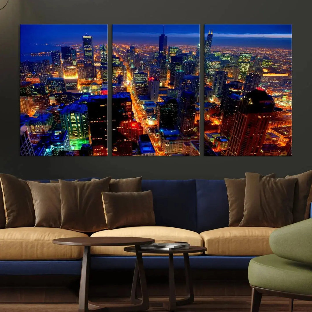 The "Chicago Night Skyline Wall Art" on museum-quality canvas adds long-lasting appeal to the living room.