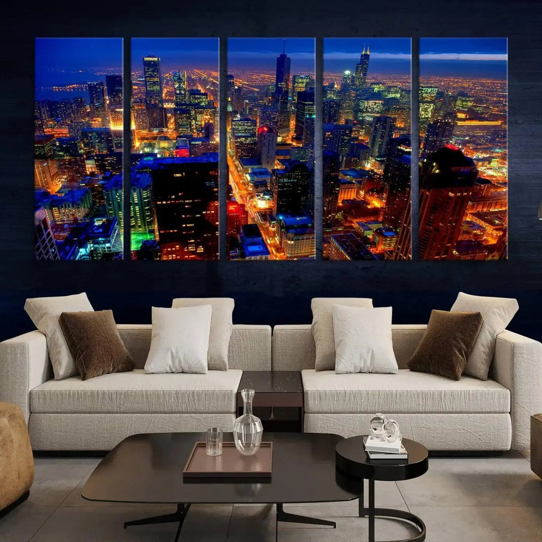 The "Chicago Night Skyline Wall Art" on museum-quality canvas adds long-lasting appeal to the living room.