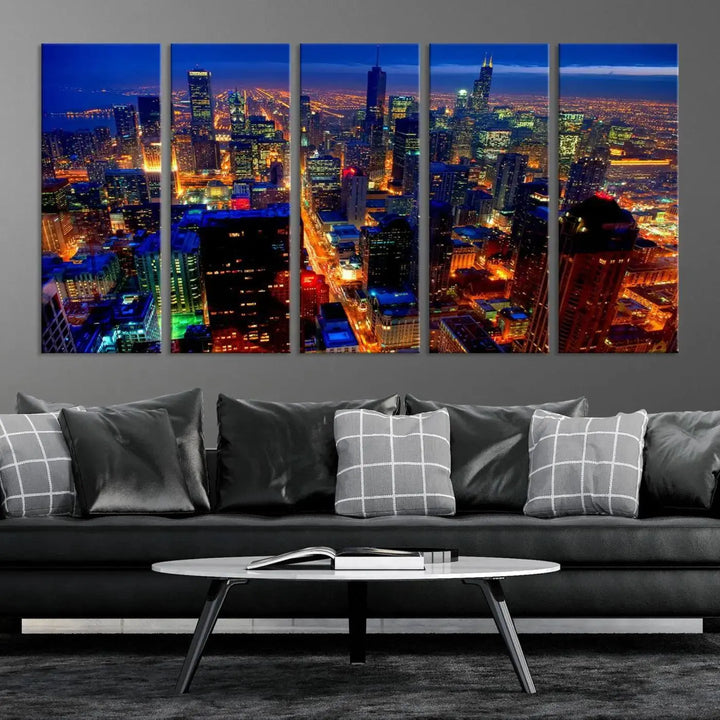 The "Chicago Night Skyline Wall Art" on museum-quality canvas adds long-lasting appeal to the living room.