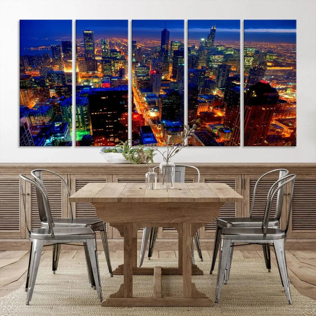 The "Chicago Night Skyline Wall Art" on museum-quality canvas adds long-lasting appeal to the living room.