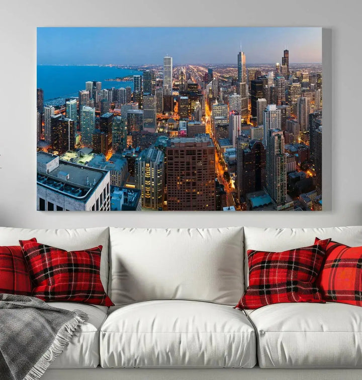 Product Name: Chicago Night Skyline Wall Art City Cityscape

Artwork Description: This artwork is a triptych depicting the Chicago city skyline at night. Created on museum-quality canvas with a UV-protective coating, it comes ready to hang and seamlessly enhances any space.