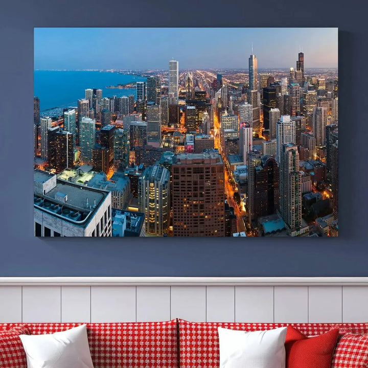 Product Name: Chicago Night Skyline Wall Art City Cityscape

Artwork Description: This artwork is a triptych depicting the Chicago city skyline at night. Created on museum-quality canvas with a UV-protective coating, it comes ready to hang and seamlessly enhances any space.