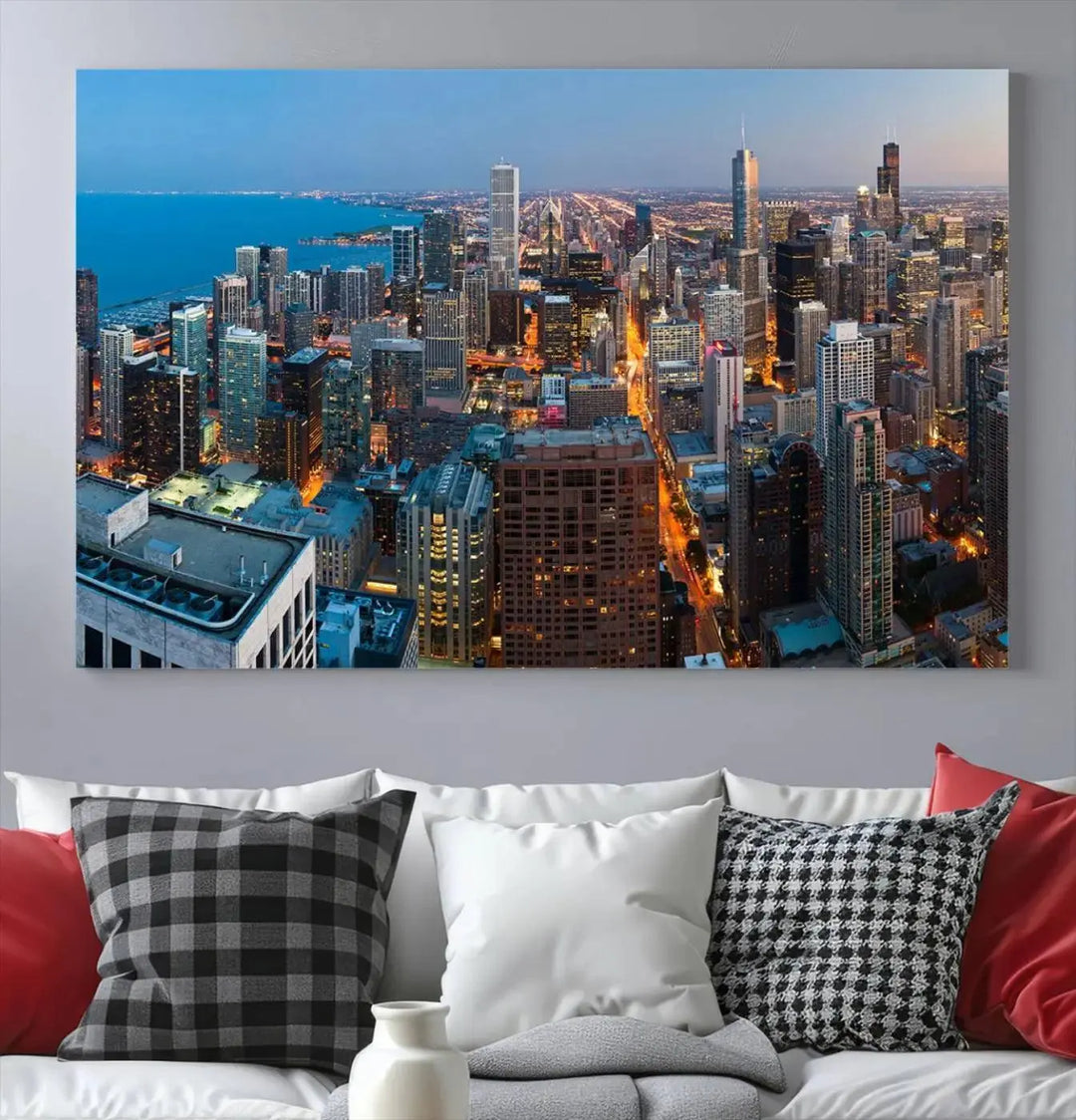 Product Name: Chicago Night Skyline Wall Art City Cityscape

Artwork Description: This artwork is a triptych depicting the Chicago city skyline at night. Created on museum-quality canvas with a UV-protective coating, it comes ready to hang and seamlessly enhances any space.