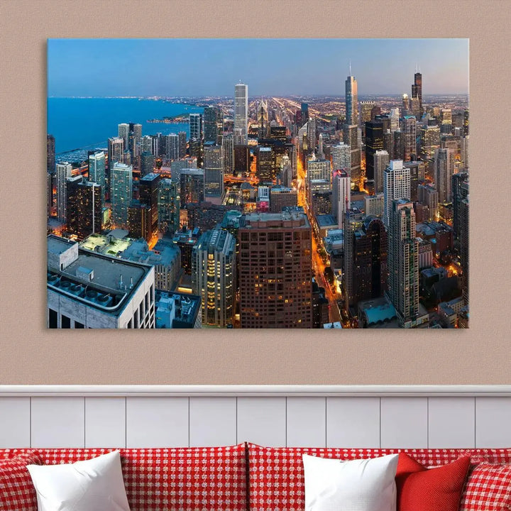 Product Name: Chicago Night Skyline Wall Art City Cityscape

Artwork Description: This artwork is a triptych depicting the Chicago city skyline at night. Created on museum-quality canvas with a UV-protective coating, it comes ready to hang and seamlessly enhances any space.