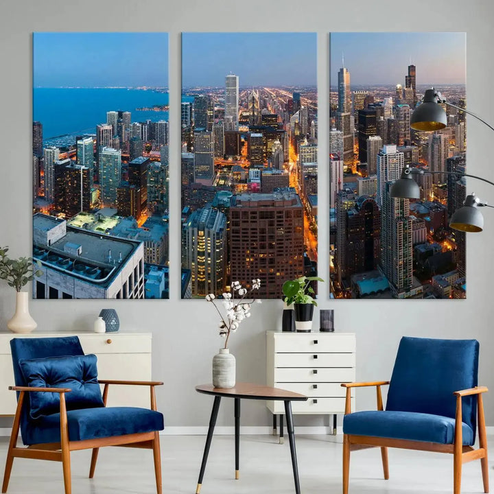 Product Name: Chicago Night Skyline Wall Art City Cityscape

Artwork Description: This artwork is a triptych depicting the Chicago city skyline at night. Created on museum-quality canvas with a UV-protective coating, it comes ready to hang and seamlessly enhances any space.