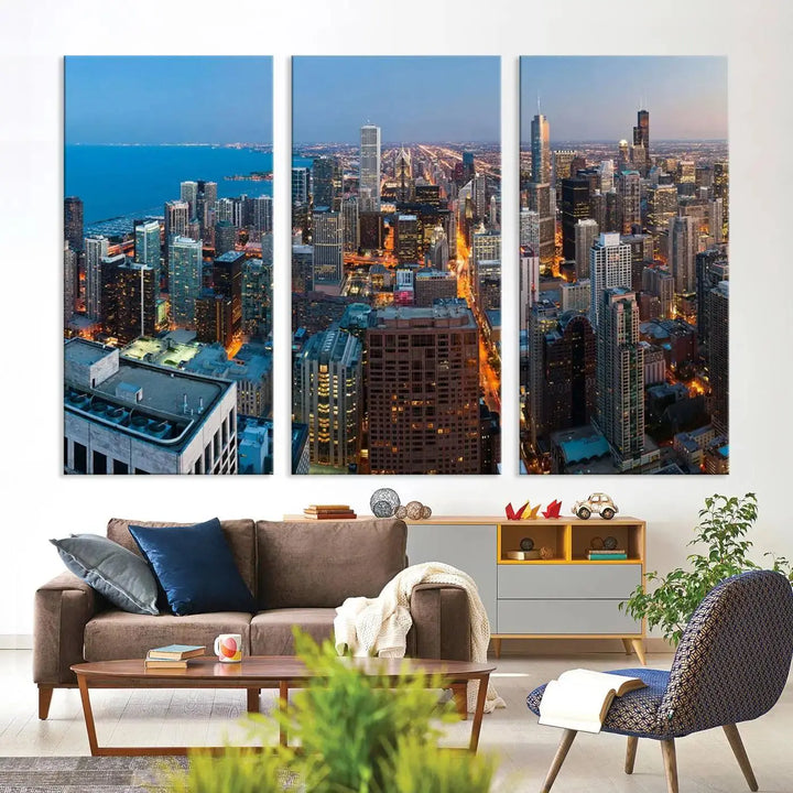 Product Name: Chicago Night Skyline Wall Art City Cityscape

Artwork Description: This artwork is a triptych depicting the Chicago city skyline at night. Created on museum-quality canvas with a UV-protective coating, it comes ready to hang and seamlessly enhances any space.