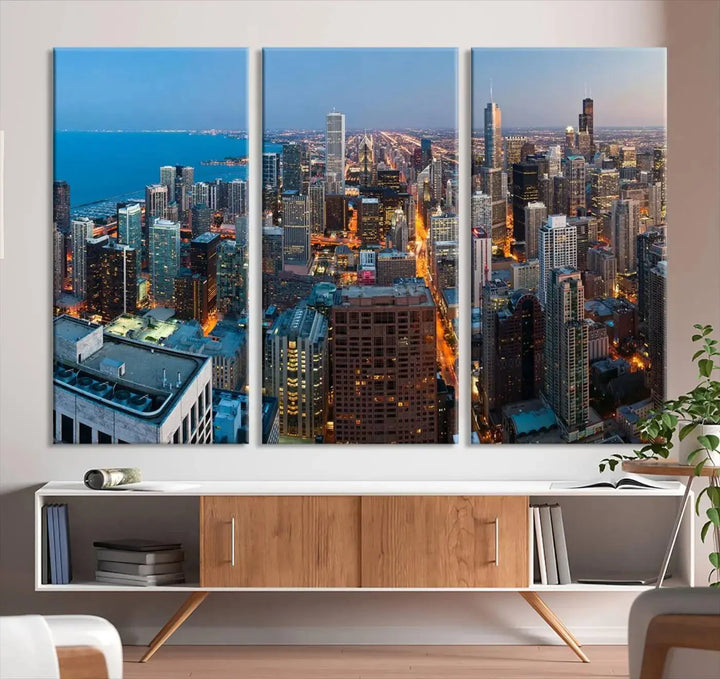 Product Name: Chicago Night Skyline Wall Art City Cityscape

Artwork Description: This artwork is a triptych depicting the Chicago city skyline at night. Created on museum-quality canvas with a UV-protective coating, it comes ready to hang and seamlessly enhances any space.