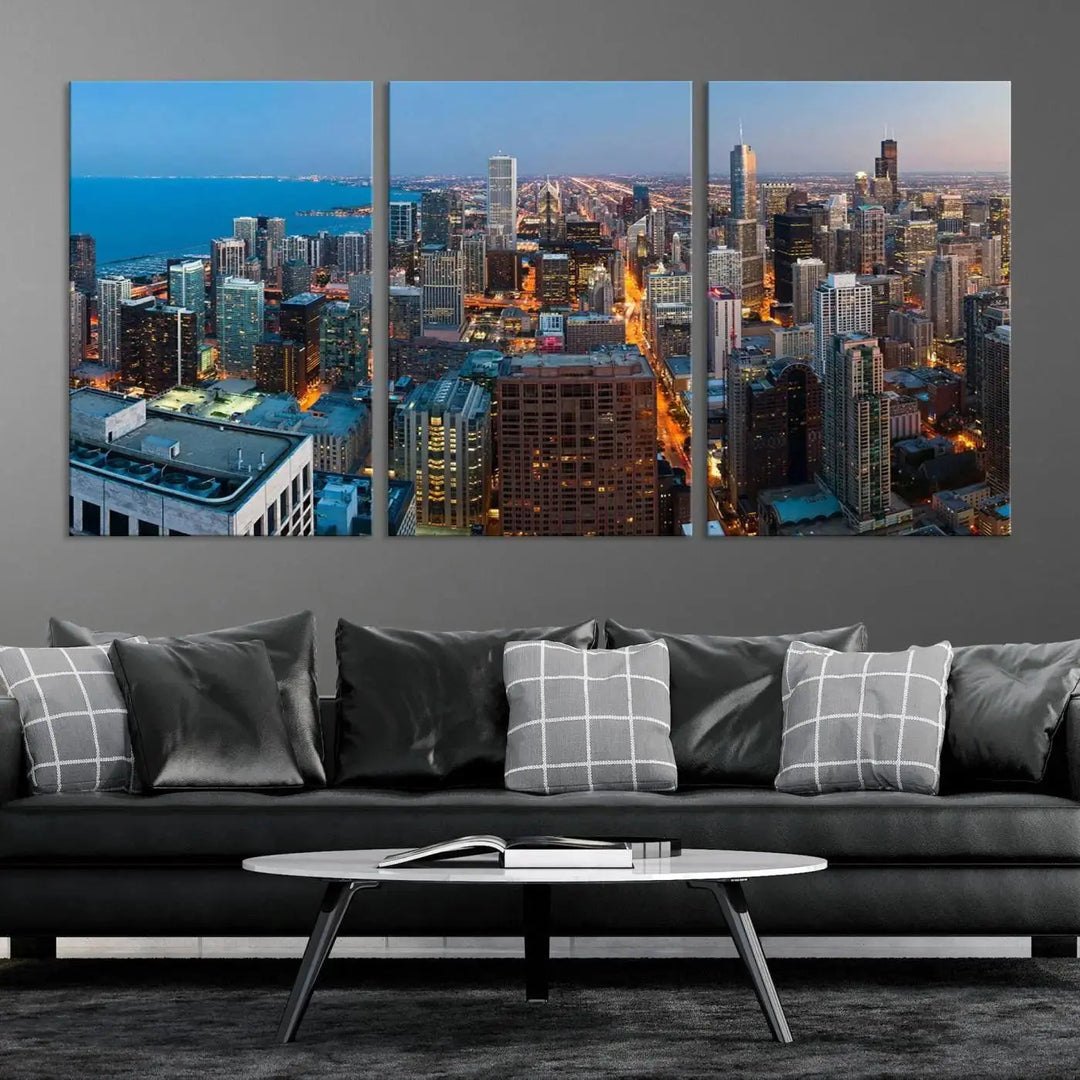 Product Name: Chicago Night Skyline Wall Art City Cityscape

Artwork Description: This artwork is a triptych depicting the Chicago city skyline at night. Created on museum-quality canvas with a UV-protective coating, it comes ready to hang and seamlessly enhances any space.