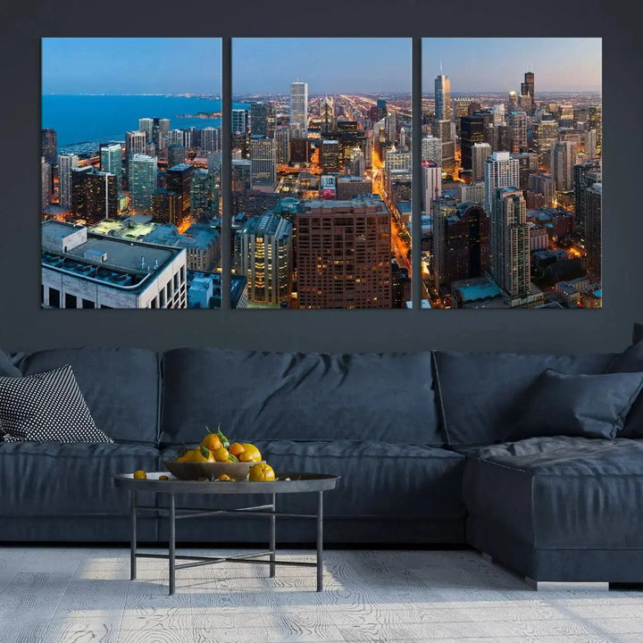 Product Name: Chicago Night Skyline Wall Art City Cityscape

Artwork Description: This artwork is a triptych depicting the Chicago city skyline at night. Created on museum-quality canvas with a UV-protective coating, it comes ready to hang and seamlessly enhances any space.