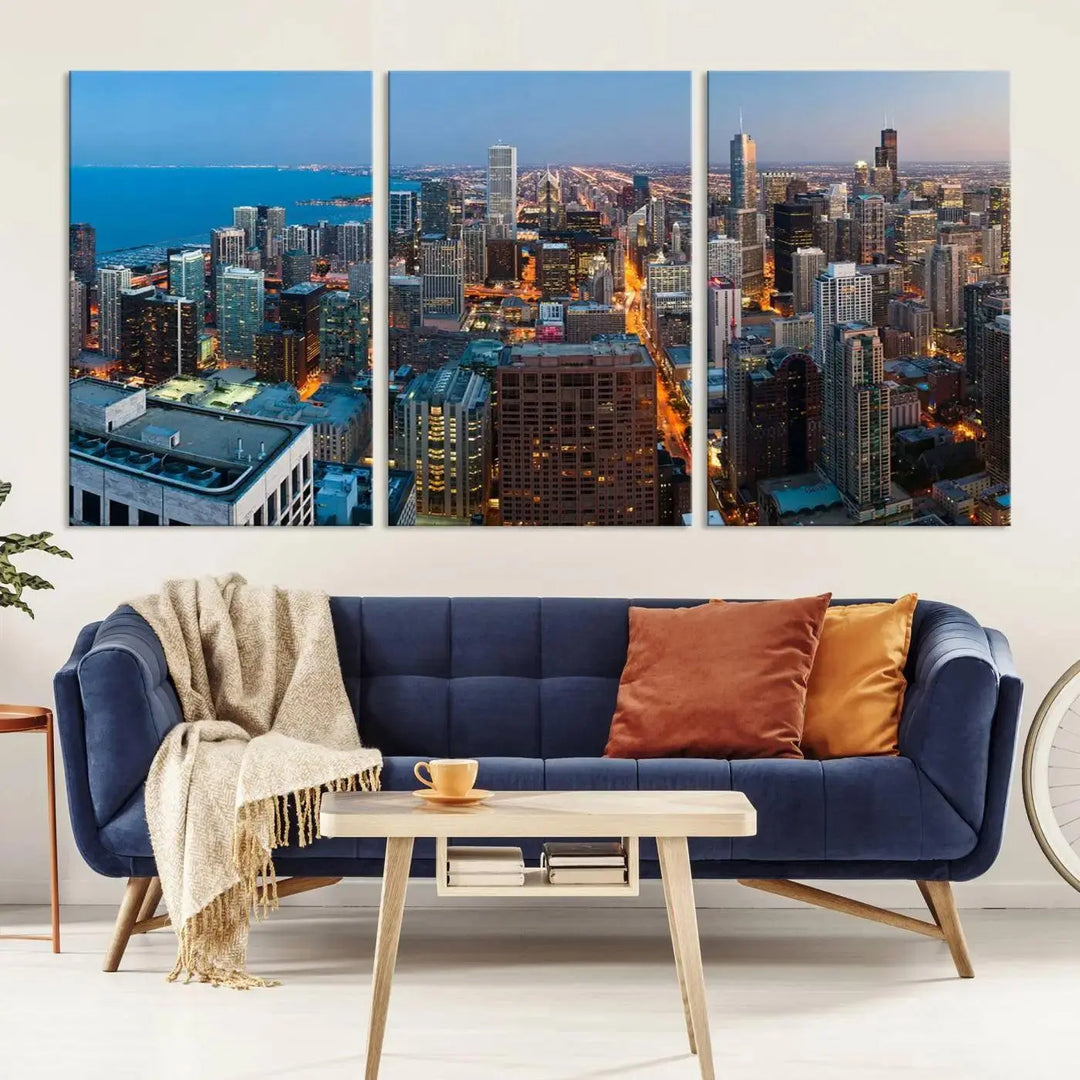 Product Name: Chicago Night Skyline Wall Art City Cityscape

Artwork Description: This artwork is a triptych depicting the Chicago city skyline at night. Created on museum-quality canvas with a UV-protective coating, it comes ready to hang and seamlessly enhances any space.