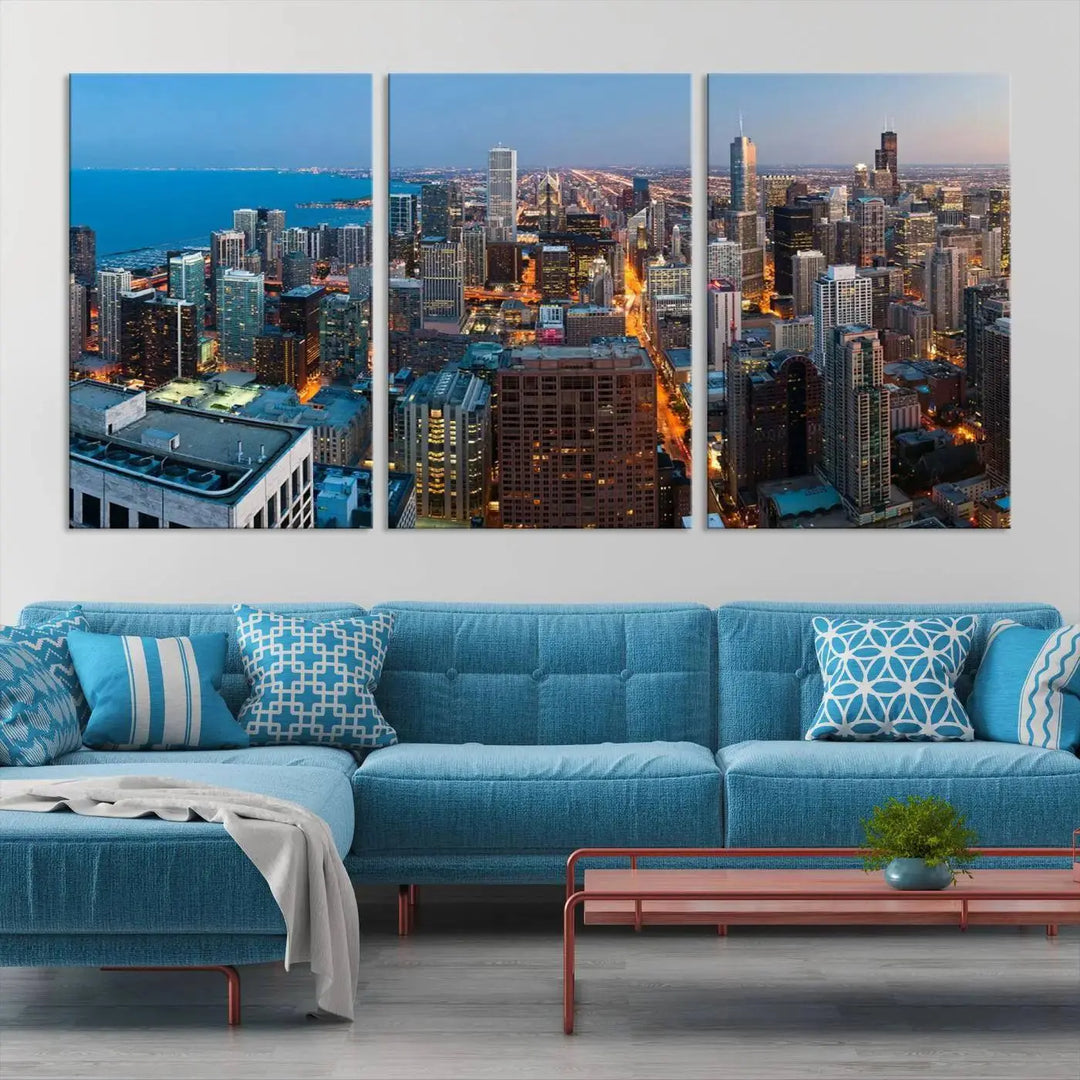 Product Name: Chicago Night Skyline Wall Art City Cityscape

Artwork Description: This artwork is a triptych depicting the Chicago city skyline at night. Created on museum-quality canvas with a UV-protective coating, it comes ready to hang and seamlessly enhances any space.