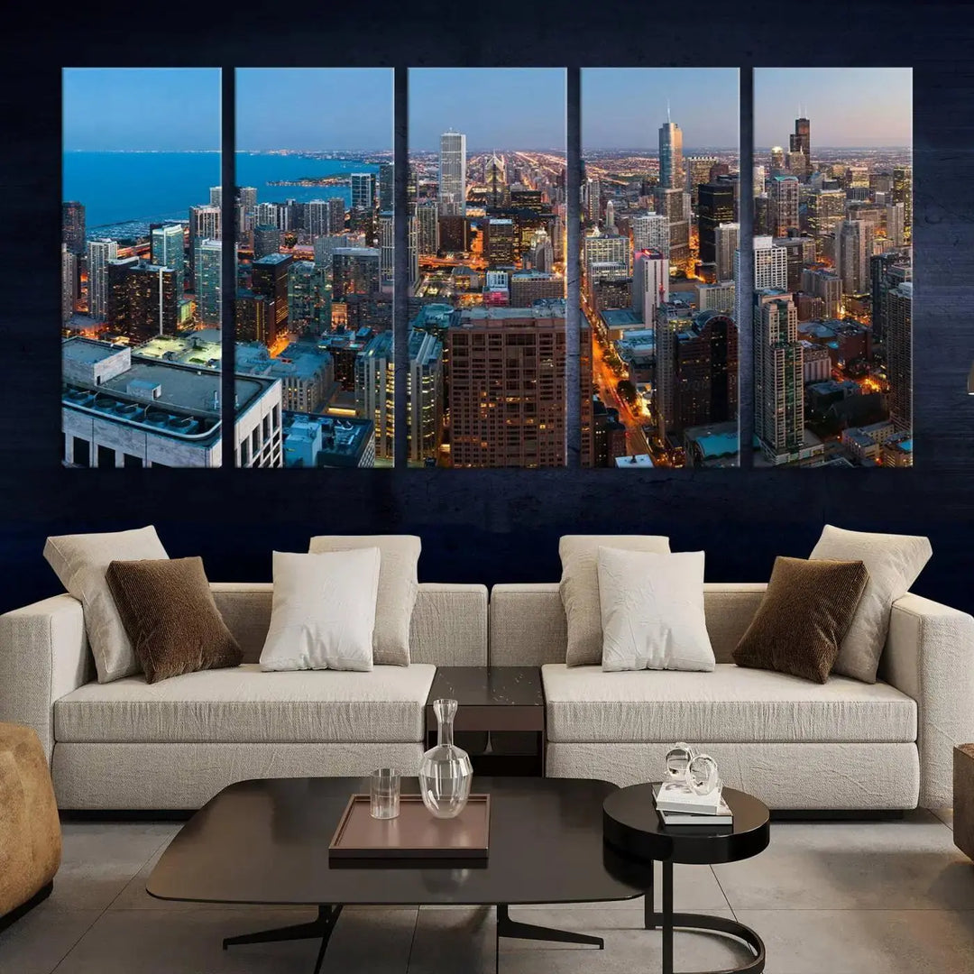 Product Name: Chicago Night Skyline Wall Art City Cityscape

Artwork Description: This artwork is a triptych depicting the Chicago city skyline at night. Created on museum-quality canvas with a UV-protective coating, it comes ready to hang and seamlessly enhances any space.