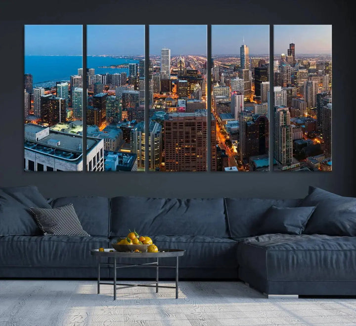 Product Name: Chicago Night Skyline Wall Art City Cityscape

Artwork Description: This artwork is a triptych depicting the Chicago city skyline at night. Created on museum-quality canvas with a UV-protective coating, it comes ready to hang and seamlessly enhances any space.