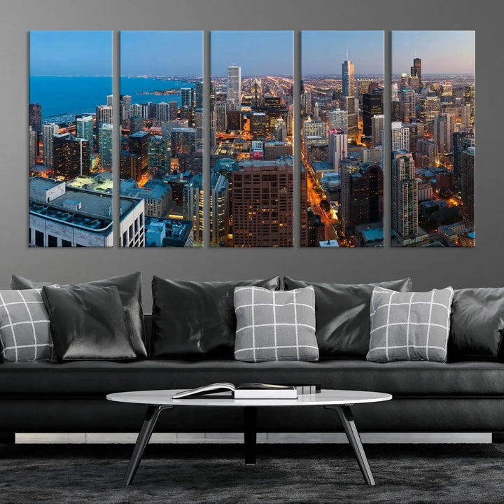 Product Name: Chicago Night Skyline Wall Art City Cityscape

Artwork Description: This artwork is a triptych depicting the Chicago city skyline at night. Created on museum-quality canvas with a UV-protective coating, it comes ready to hang and seamlessly enhances any space.