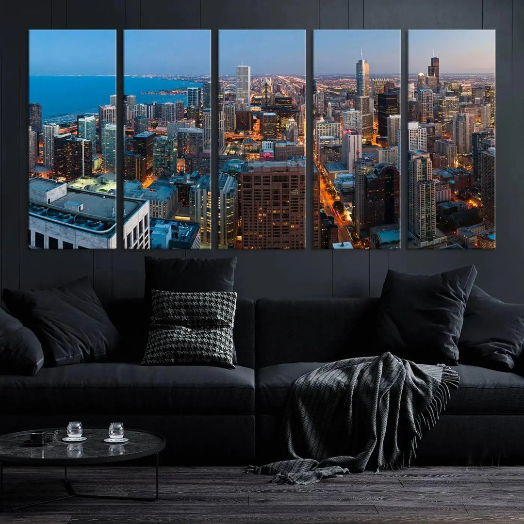 Product Name: Chicago Night Skyline Wall Art City Cityscape

Artwork Description: This artwork is a triptych depicting the Chicago city skyline at night. Created on museum-quality canvas with a UV-protective coating, it comes ready to hang and seamlessly enhances any space.