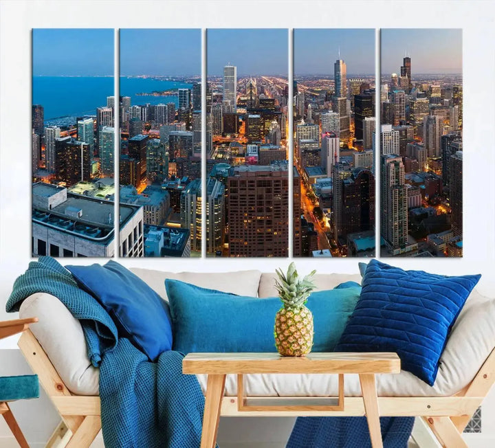 Product Name: Chicago Night Skyline Wall Art City Cityscape

Artwork Description: This artwork is a triptych depicting the Chicago city skyline at night. Created on museum-quality canvas with a UV-protective coating, it comes ready to hang and seamlessly enhances any space.