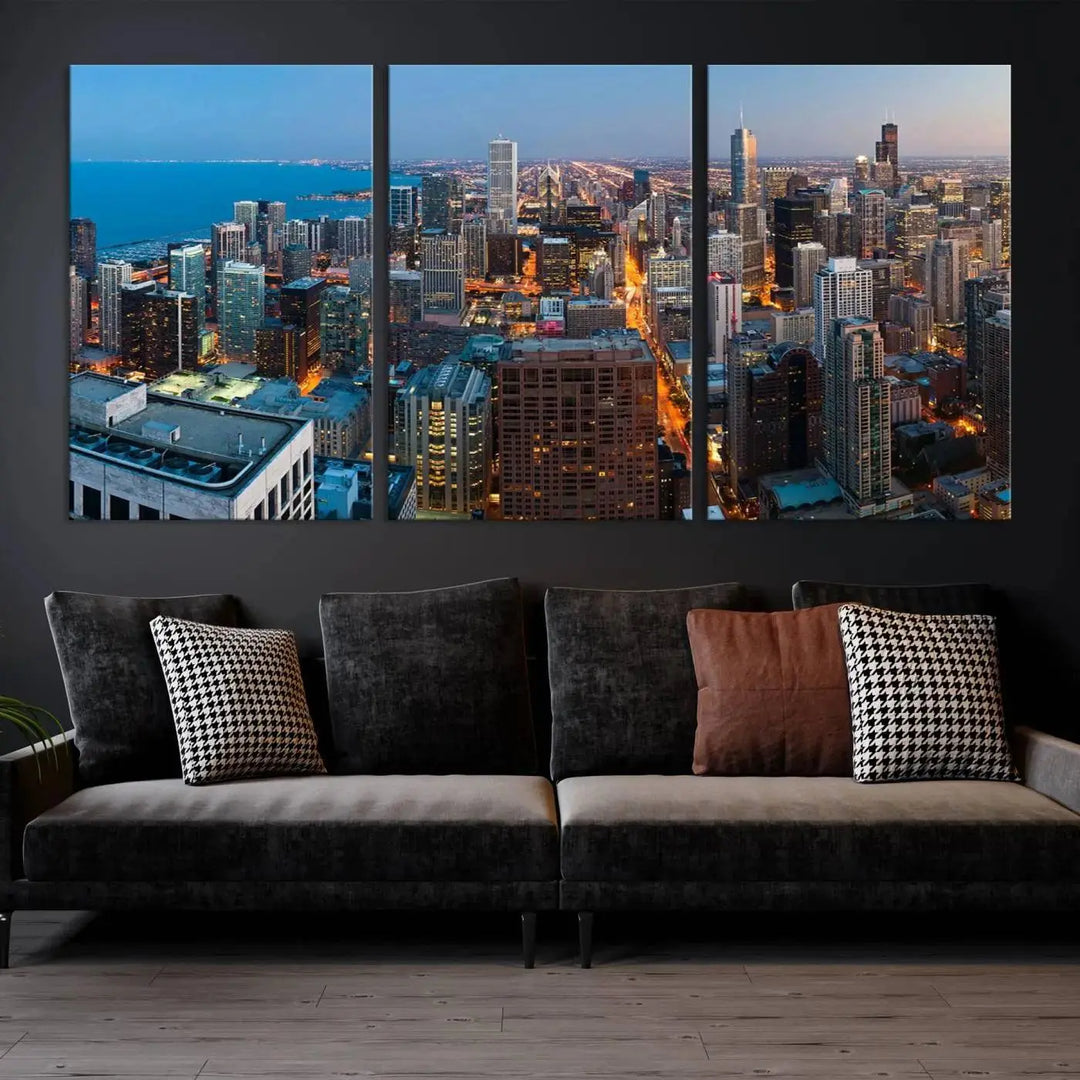 Product Name: Chicago Night Skyline Wall Art City Cityscape

Artwork Description: This artwork is a triptych depicting the Chicago city skyline at night. Created on museum-quality canvas with a UV-protective coating, it comes ready to hang and seamlessly enhances any space.