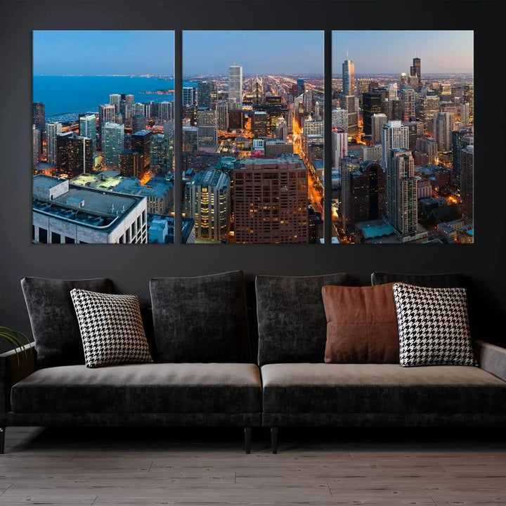 Product Name: Chicago Night Skyline Wall Art City Cityscape

Artwork Description: This artwork is a triptych depicting the Chicago city skyline at night. Created on museum-quality canvas with a UV-protective coating, it comes ready to hang and seamlessly enhances any space.