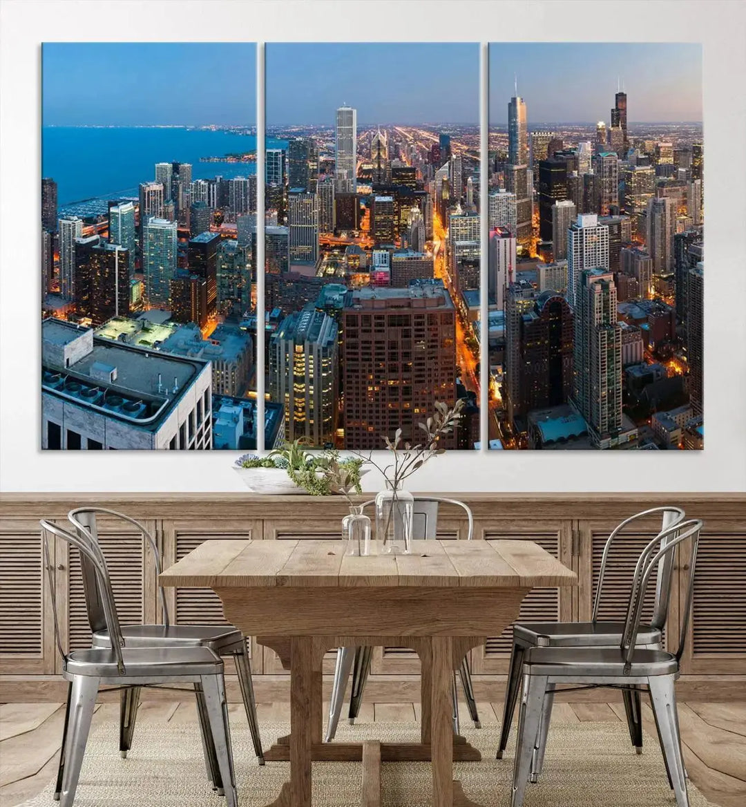 Product Name: Chicago Night Skyline Wall Art City Cityscape

Artwork Description: This artwork is a triptych depicting the Chicago city skyline at night. Created on museum-quality canvas with a UV-protective coating, it comes ready to hang and seamlessly enhances any space.