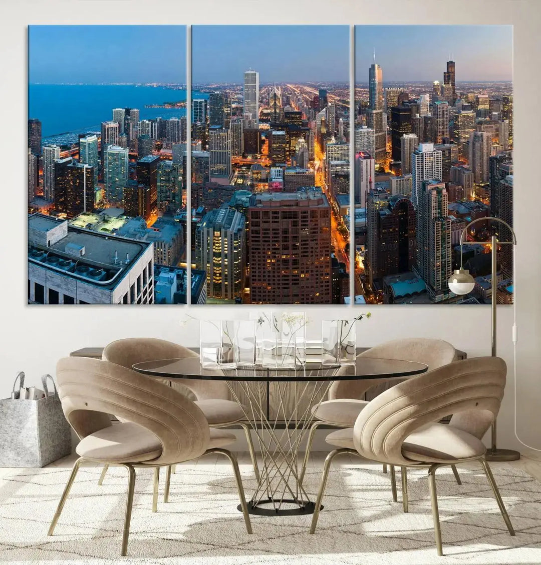 Product Name: Chicago Night Skyline Wall Art City Cityscape

Artwork Description: This artwork is a triptych depicting the Chicago city skyline at night. Created on museum-quality canvas with a UV-protective coating, it comes ready to hang and seamlessly enhances any space.