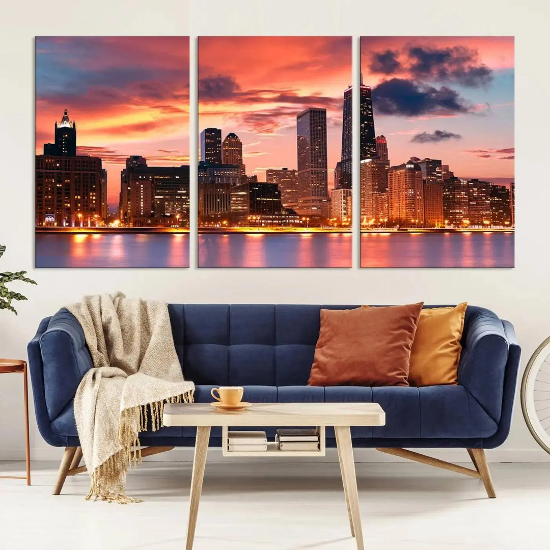 The living room features the "Chicago Night Skyline Wall Art City Cityscape Canvas," a stunning triptych depicting a cityscape at sunset. This artwork, printed on museum-quality canvases with UV-protective coating, is ready to hang and adds an elegant touch to the space.