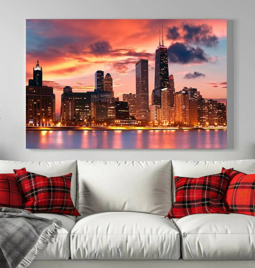 The living room features the "Chicago Night Skyline Wall Art City Cityscape Canvas," a stunning triptych depicting a cityscape at sunset. This artwork, printed on museum-quality canvases with UV-protective coating, is ready to hang and adds an elegant touch to the space.