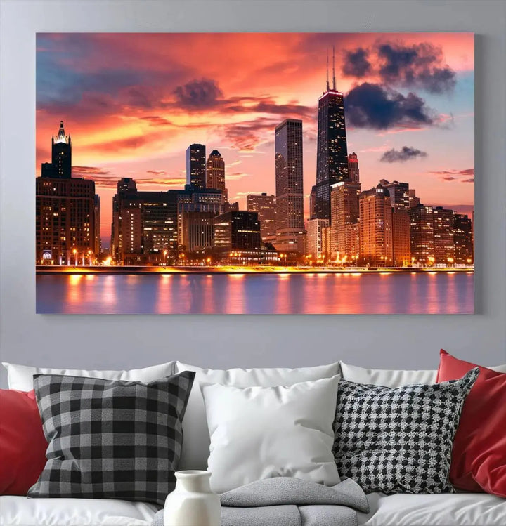 The living room features the "Chicago Night Skyline Wall Art City Cityscape Canvas," a stunning triptych depicting a cityscape at sunset. This artwork, printed on museum-quality canvases with UV-protective coating, is ready to hang and adds an elegant touch to the space.