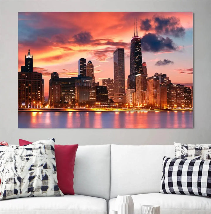 The living room features the "Chicago Night Skyline Wall Art City Cityscape Canvas," a stunning triptych depicting a cityscape at sunset. This artwork, printed on museum-quality canvases with UV-protective coating, is ready to hang and adds an elegant touch to the space.