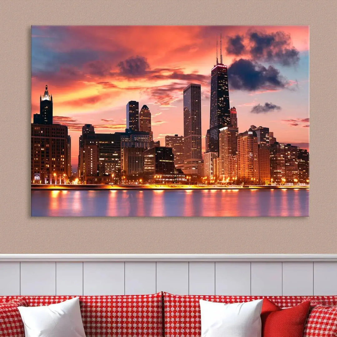 The living room features the "Chicago Night Skyline Wall Art City Cityscape Canvas," a stunning triptych depicting a cityscape at sunset. This artwork, printed on museum-quality canvases with UV-protective coating, is ready to hang and adds an elegant touch to the space.